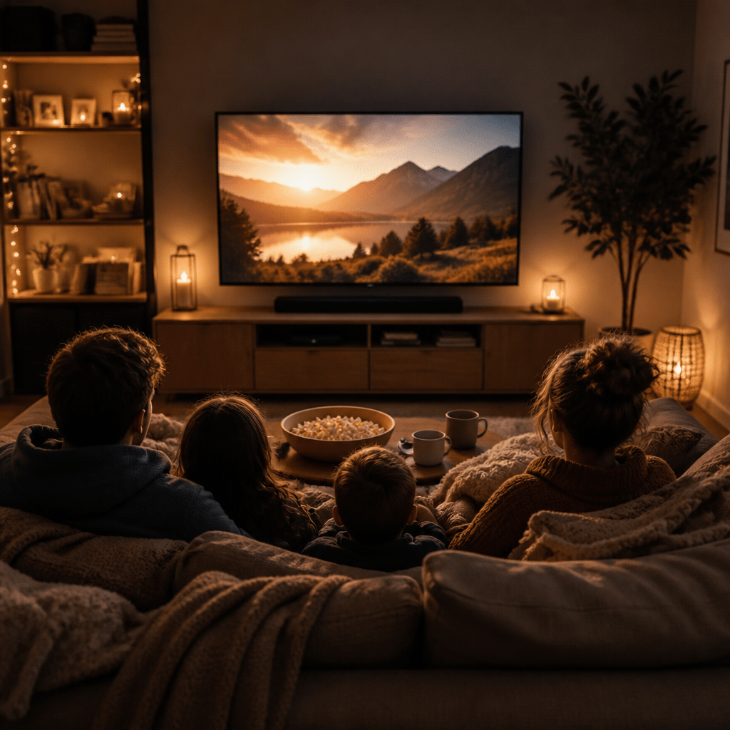 Gemütliches Wohnzimmer mit leuchtendem Bildschirm als Symbolbild für beste Familienfilme