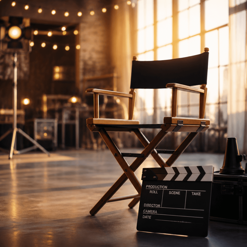 Symbolbild zu Madelyn Cline: Filmset mit Regiestuhl und warmem Licht als Sinnbild für Serienende und Neuanfang